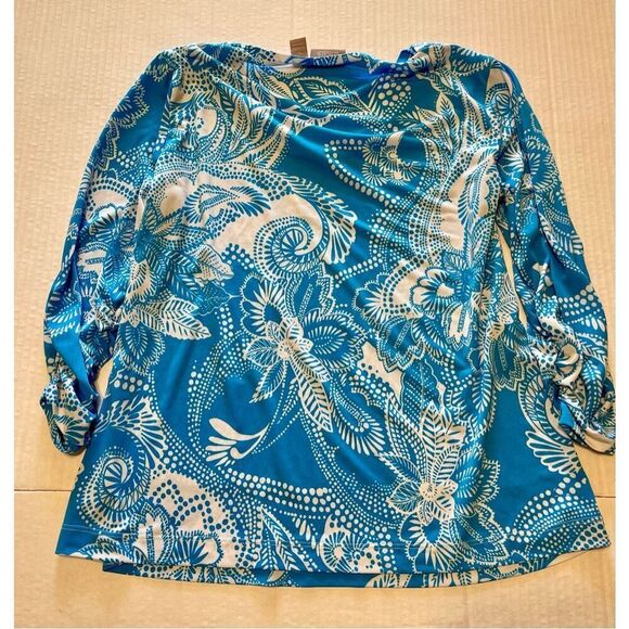 Chicos Easywear Tunic Top Blue White Floral size‎ 1 or M 3/4 Sleeves Stretch A31 - Picture 5 of 7